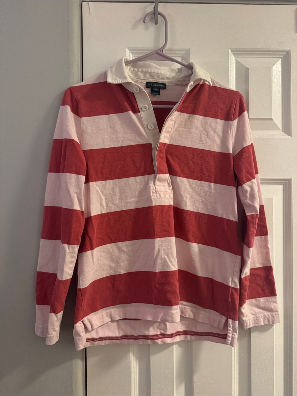 J. Crew Red and Light Pink Striped Rugby Polo